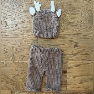 Adorable Brown Knit Deer Antler Kids Matching Set